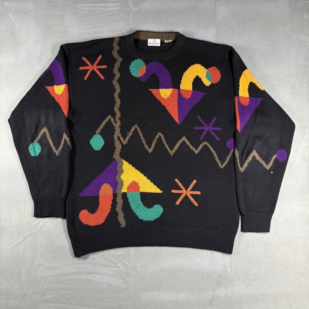 Vintage Neiman Marcus Mens Large Cotton Sweater Abstract Geometric 80s 90s Black